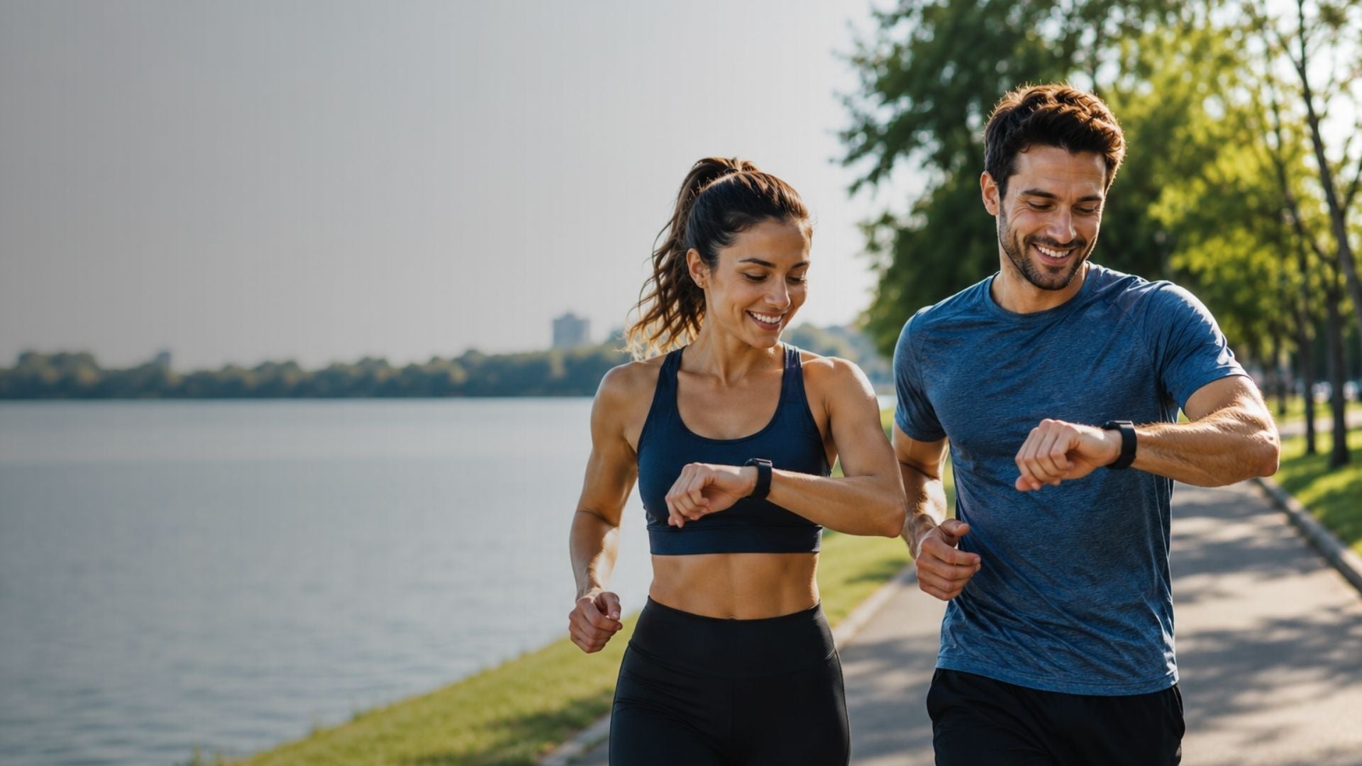 Man and woman jogging by a lake, using fitness trackers.