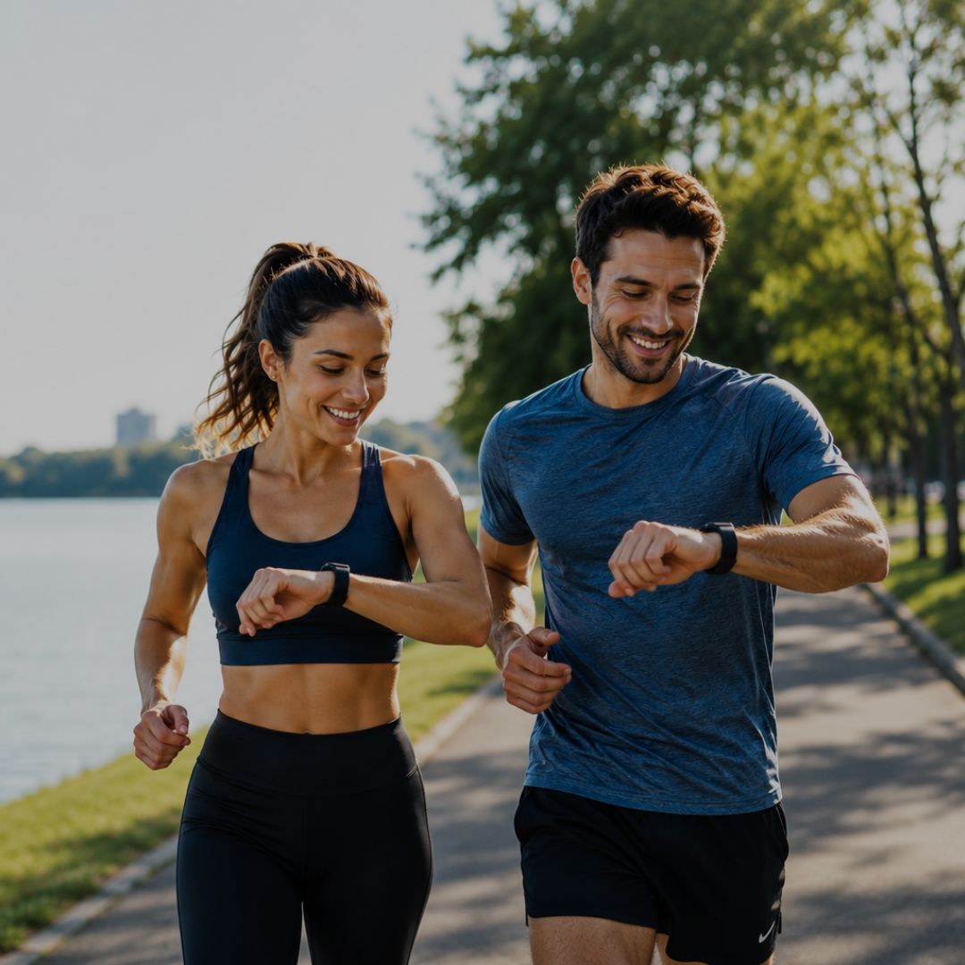 Man and woman jogging outdoors with a scenic background