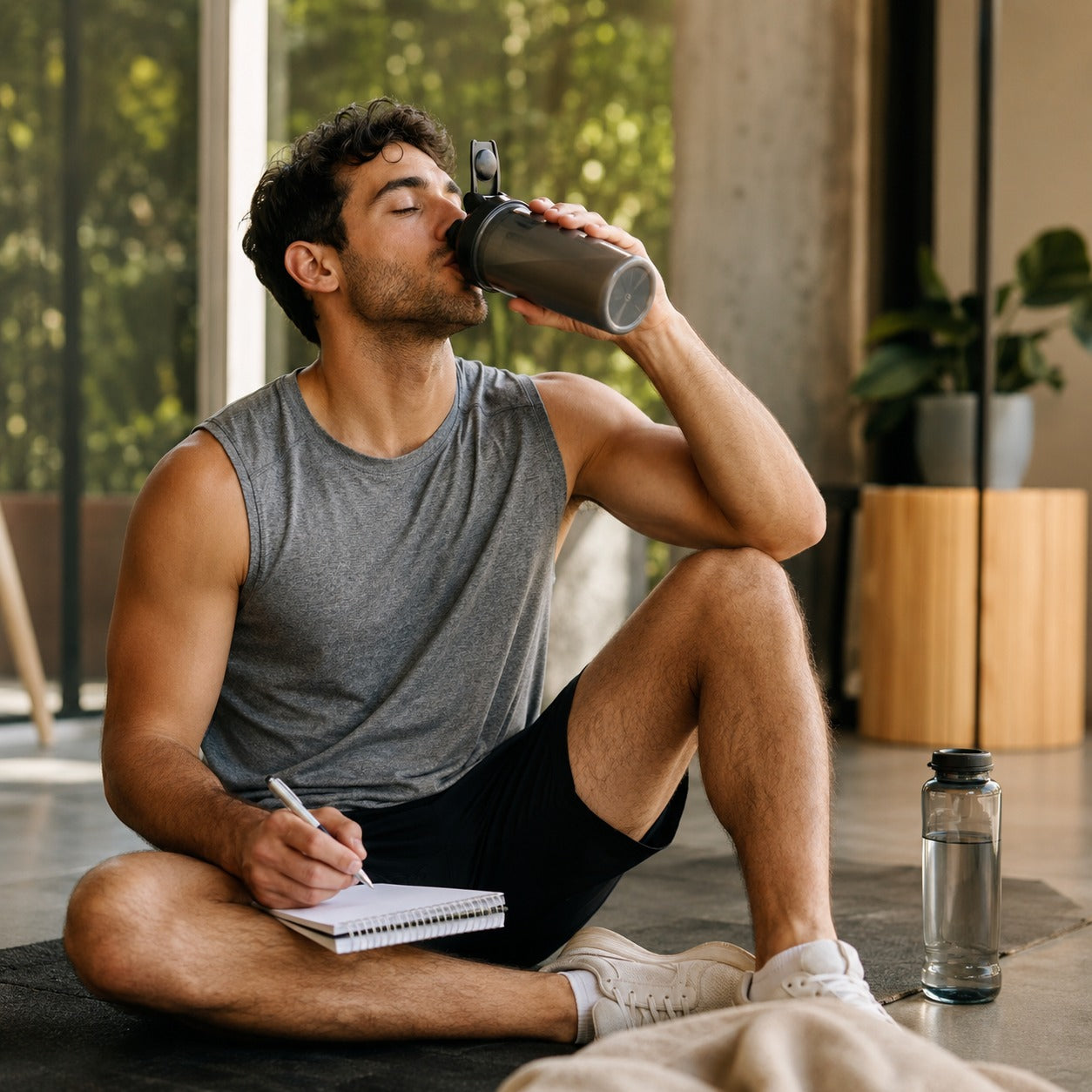 Man in athletic wear drinking from a water bottle and writing in a notebook indoors.