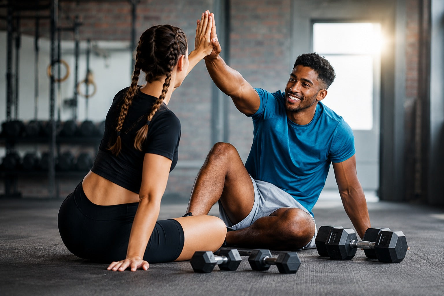 Two people giving a high-five in a gym setting with dumbbells around them.