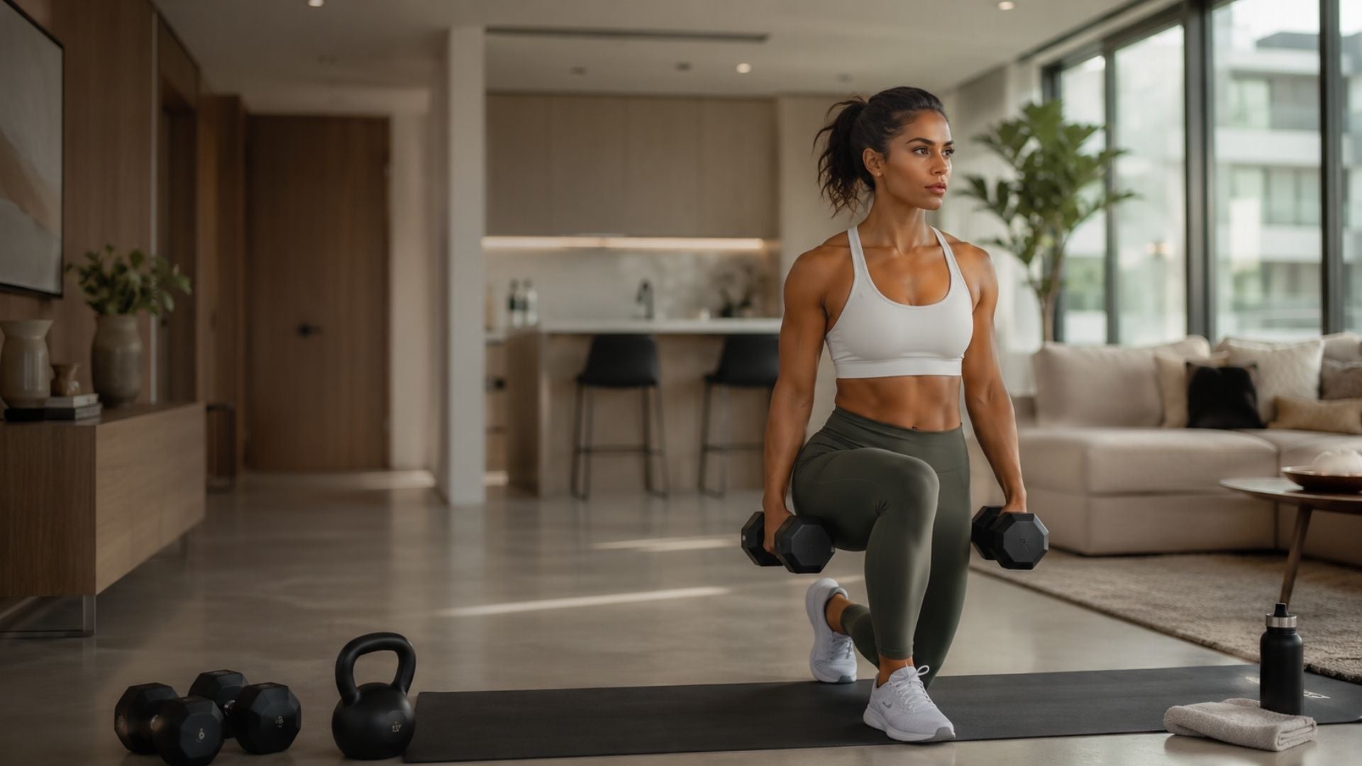 Woman exercising with dumbbells in a modern living room.