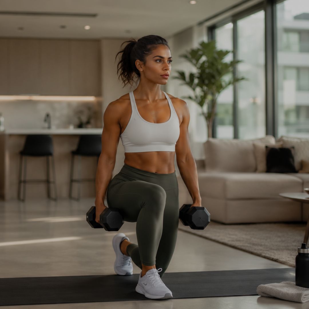 Woman exercising with dumbbells in a modern living room.