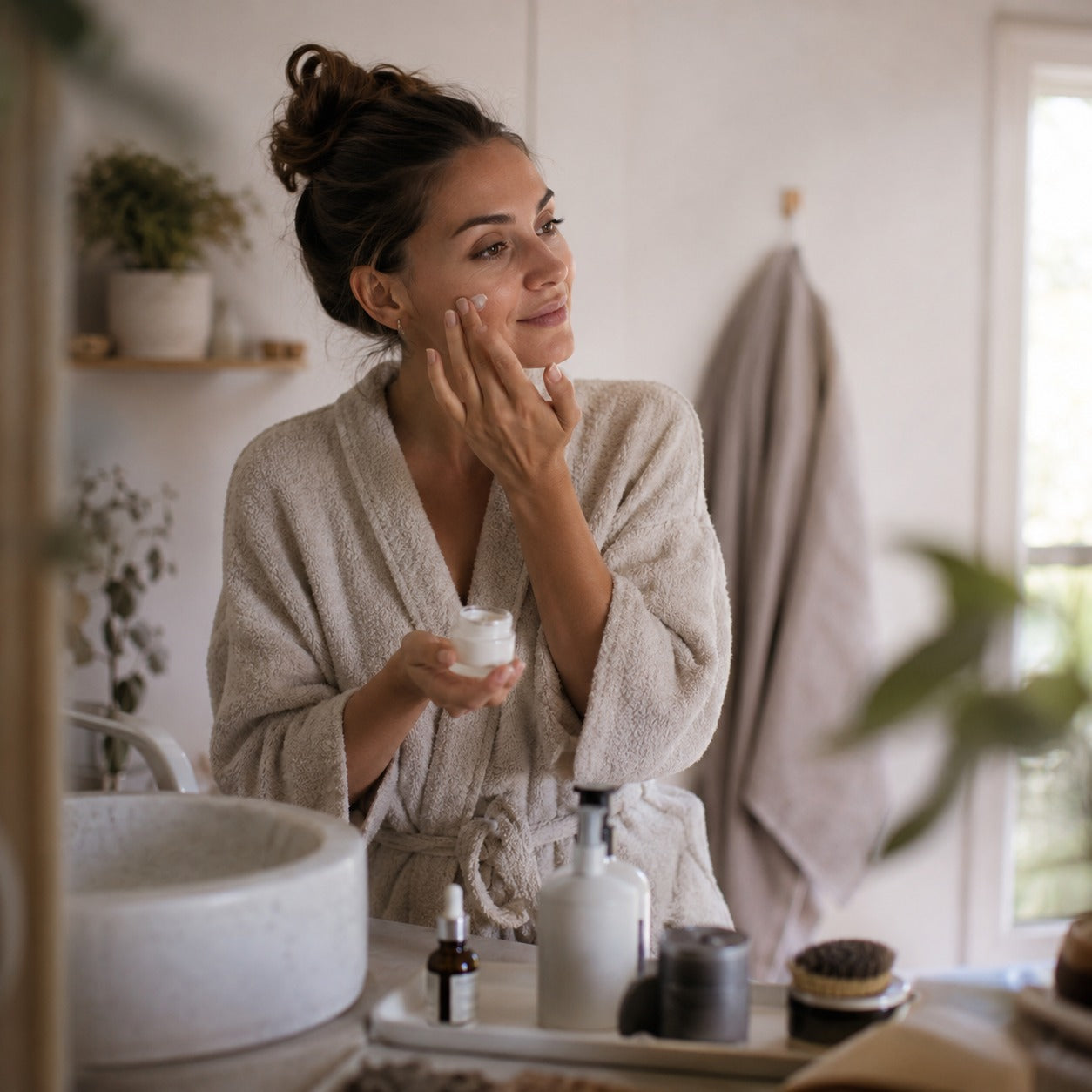 Woman applying cream to her face in a bathroom setting